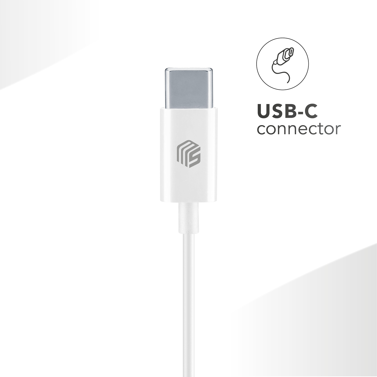 Un conector USB-C blanco con punta plateada y cable blanco. Un diagrama y texto lo etiquetan como conector USB-C.