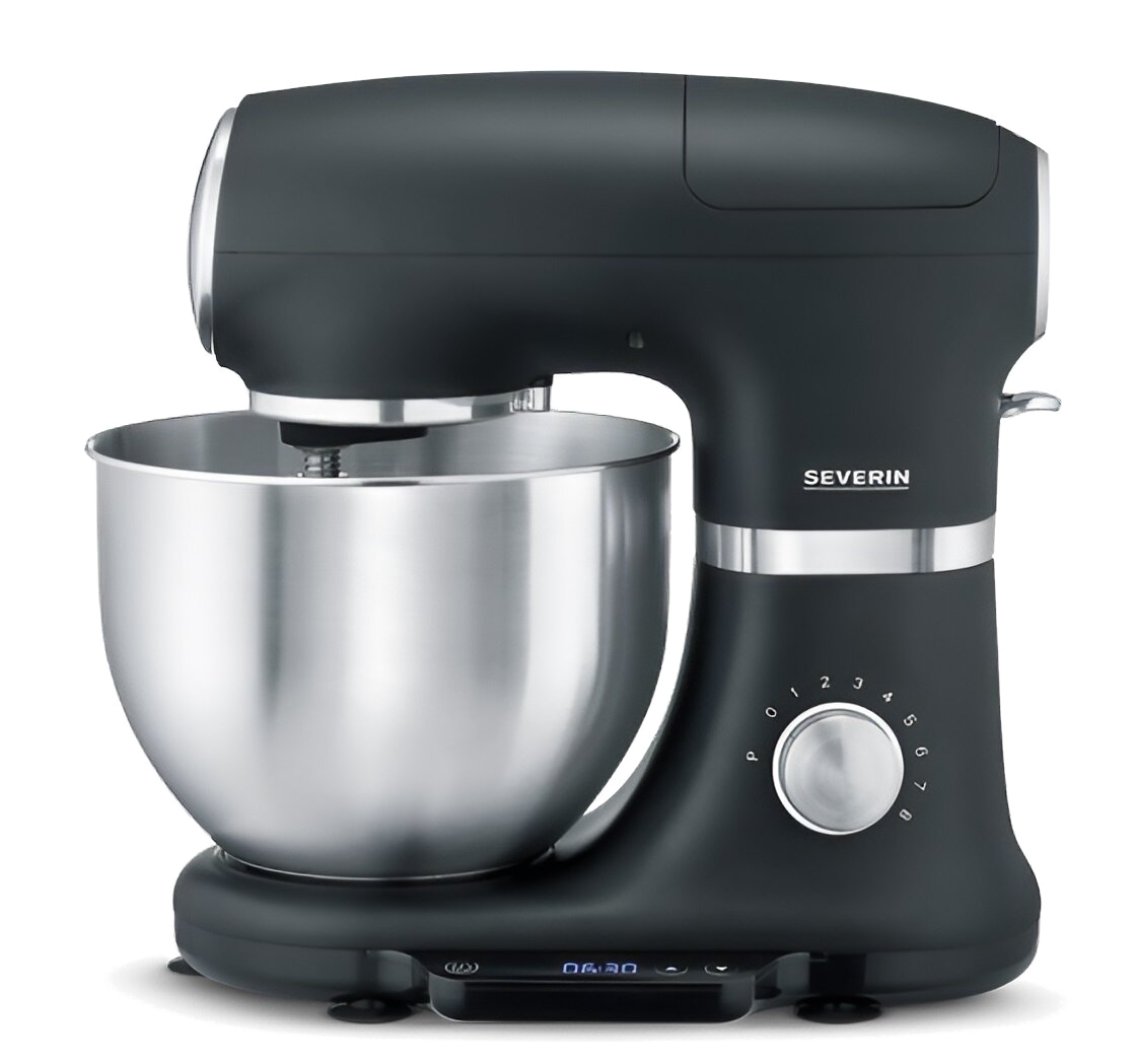 Czarny mikser stojący ze stalową misą. Widoczna nazwa marki 'SEVERIN'. Pokrętło ma cyfry od 1 do 8.
