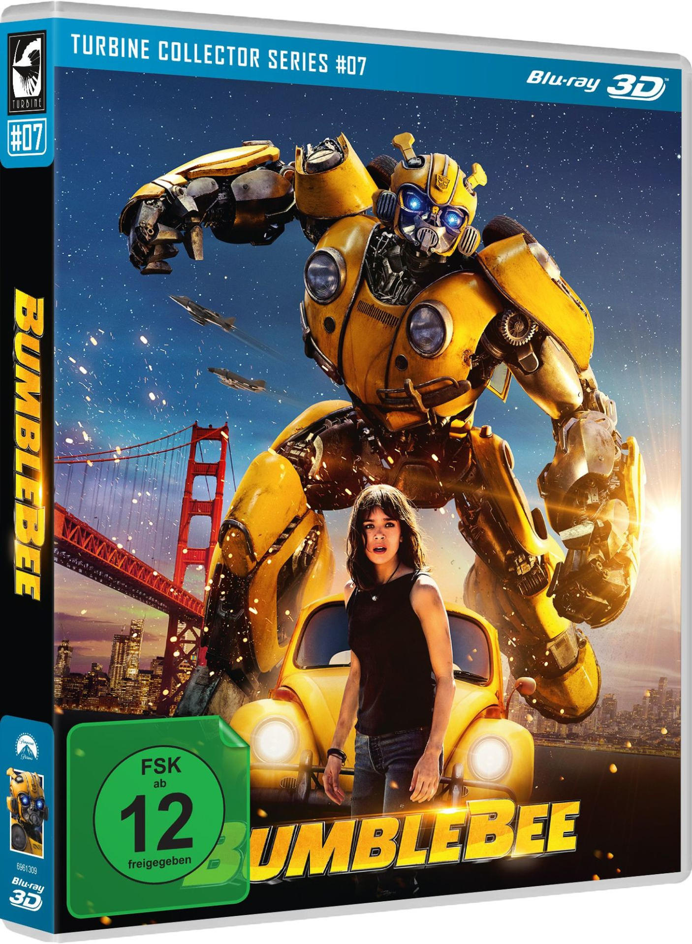 Bumblebee-Filmcover. Ein gelber Roboter steht über einem Mädchen und einem gelben Auto. Die Golden Gate Bridge ist im Hintergrund.