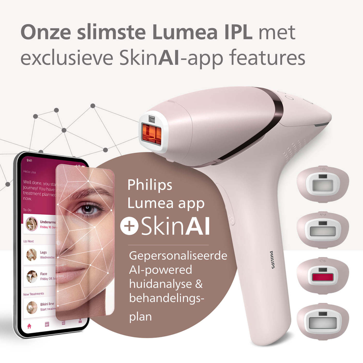 Une publicité pour l'appareil Philips Lumea IPL. Il montre l'appareil, un téléphone avec application et texte en néerlandais. Comprend l'analyse de peau.