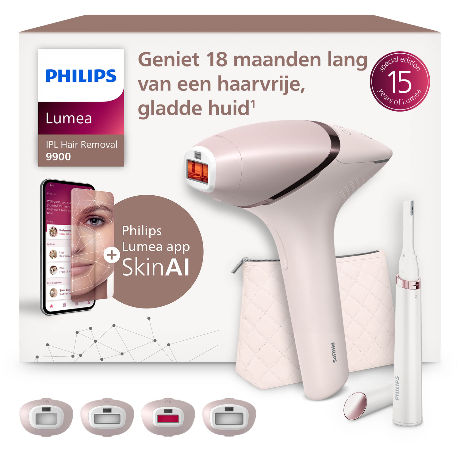 Appareil d'épilation IPL Philips Lumea, application et accessoires affichés sur fond blanc. Contient du texte et des images de produits.
