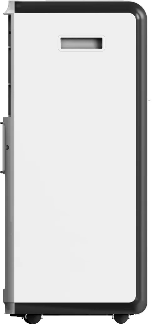 Białe urządzenie, być może lodówka, z czarną ramą i uchwytem. Ma kółka na dole.