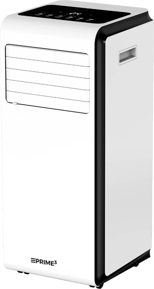 Biały klimatyzator z czarnymi akcentami. Ma panel sterowania na górze, poziome otwory wentylacyjne i uchwyt z boku.