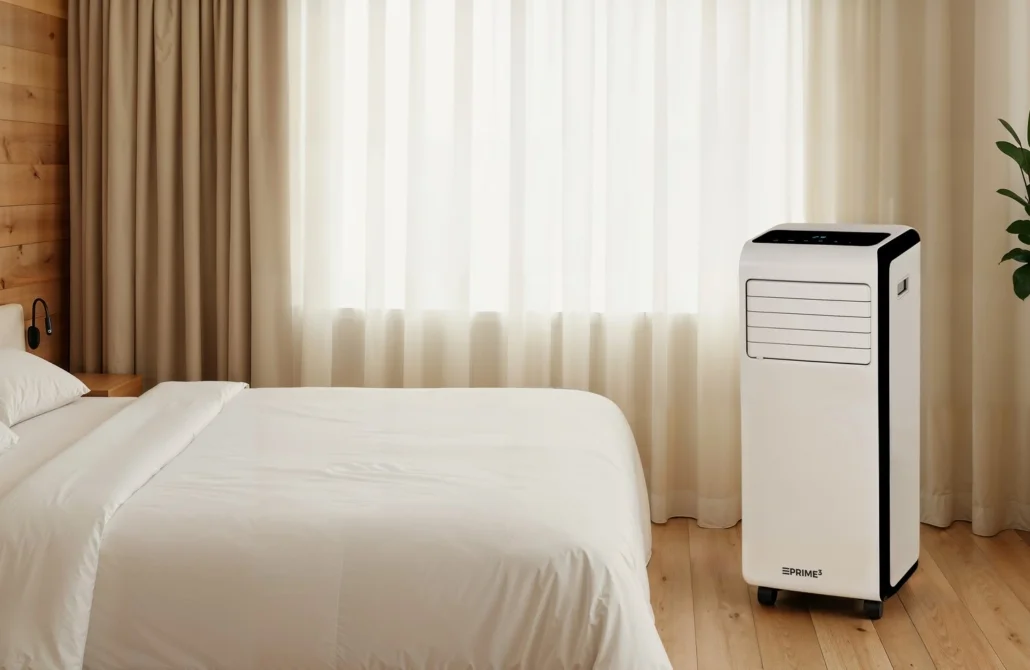 Scena sypialni z łóżkiem, zasłonami i klimatyzacją. Pokój ma drewniane panele i roślinę.