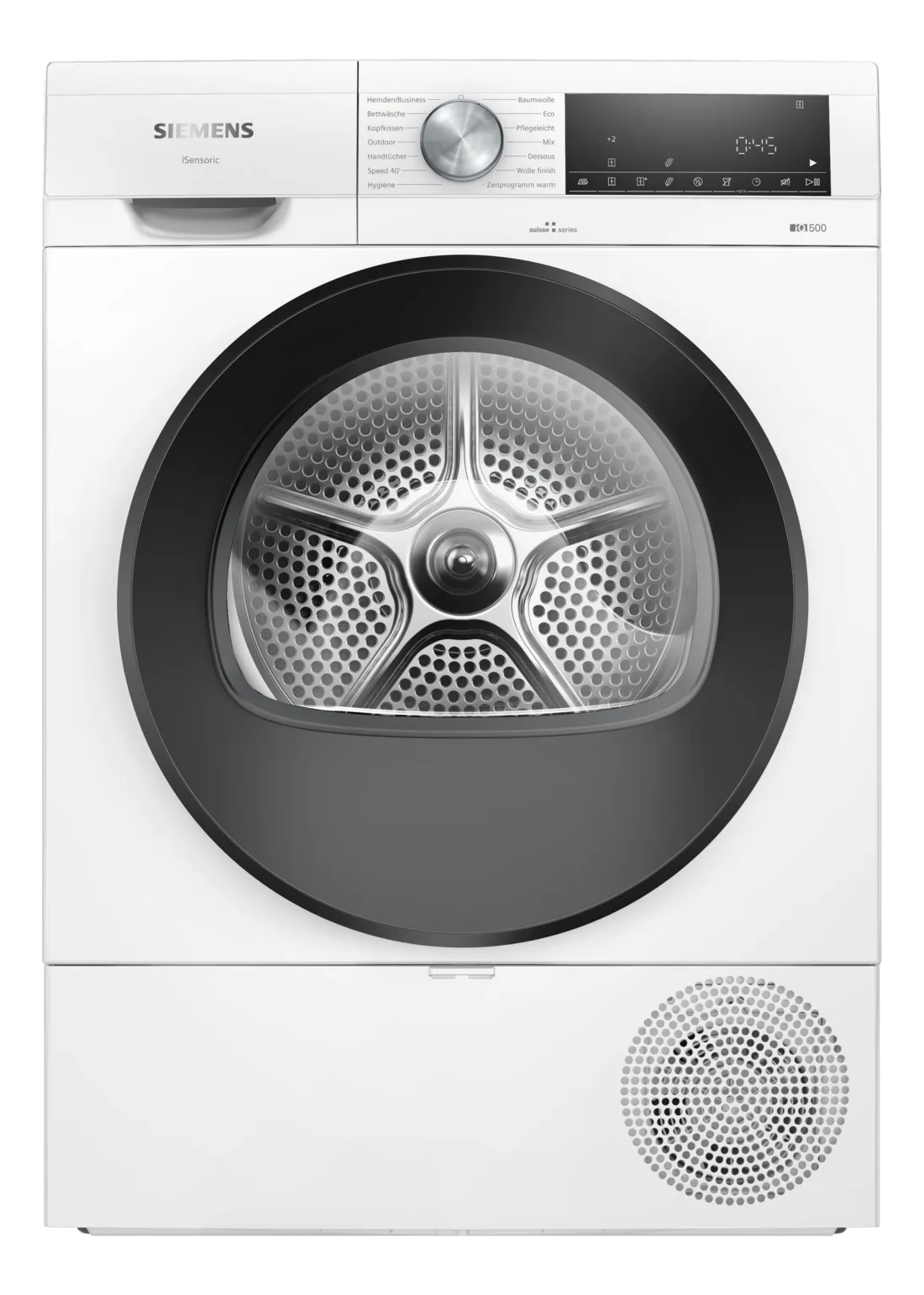 Un sèche-linge Siemens blanc avec une porte noire. Il possède un panneau de commande et un affichage numérique. La porte a une fenêtre en verre.