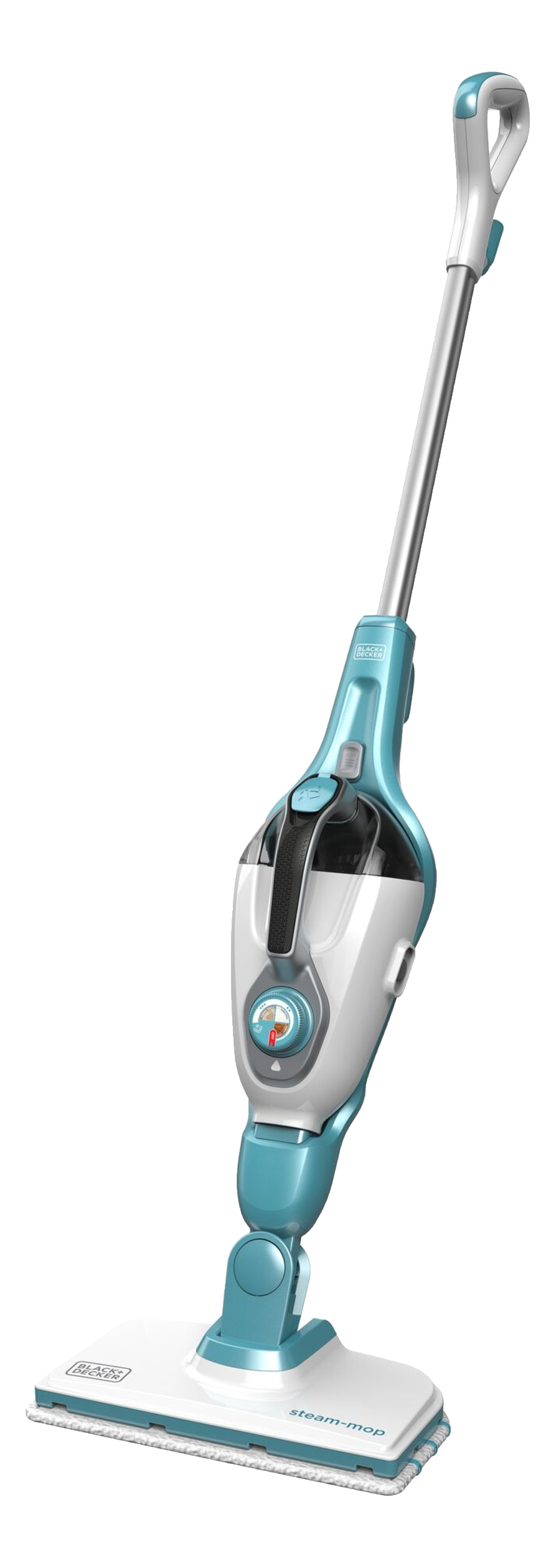 Una scopa a vapore bianca e turchese su sfondo nero. È un modello Black+Decker.