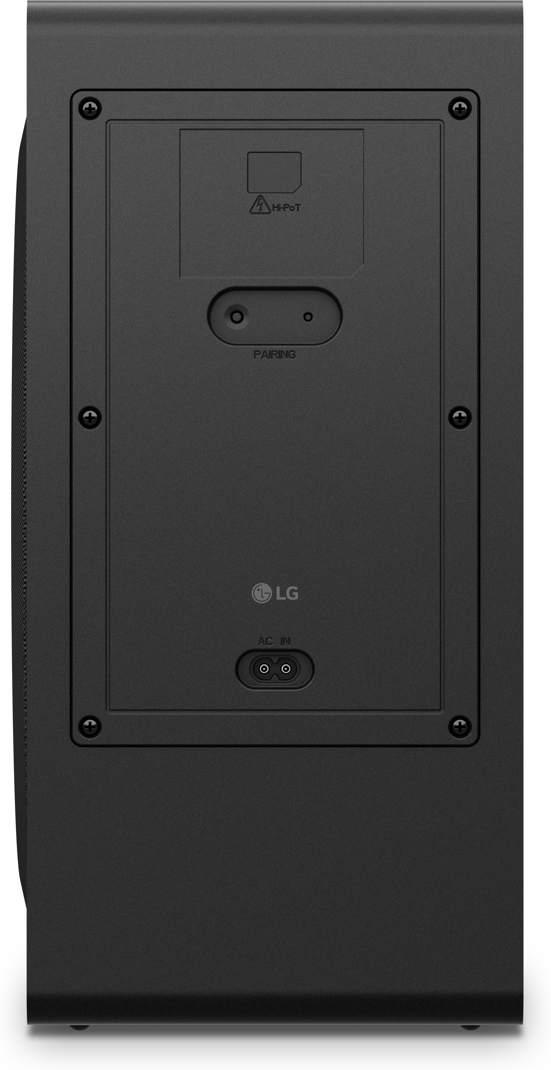 Schwarze LG-Lautsprecher-Rückwand mit Schrauben, AC IN, Pairing und Hi-Pot-Symbolen. Rechteckiges Design mit strukturierter Oberfläche.