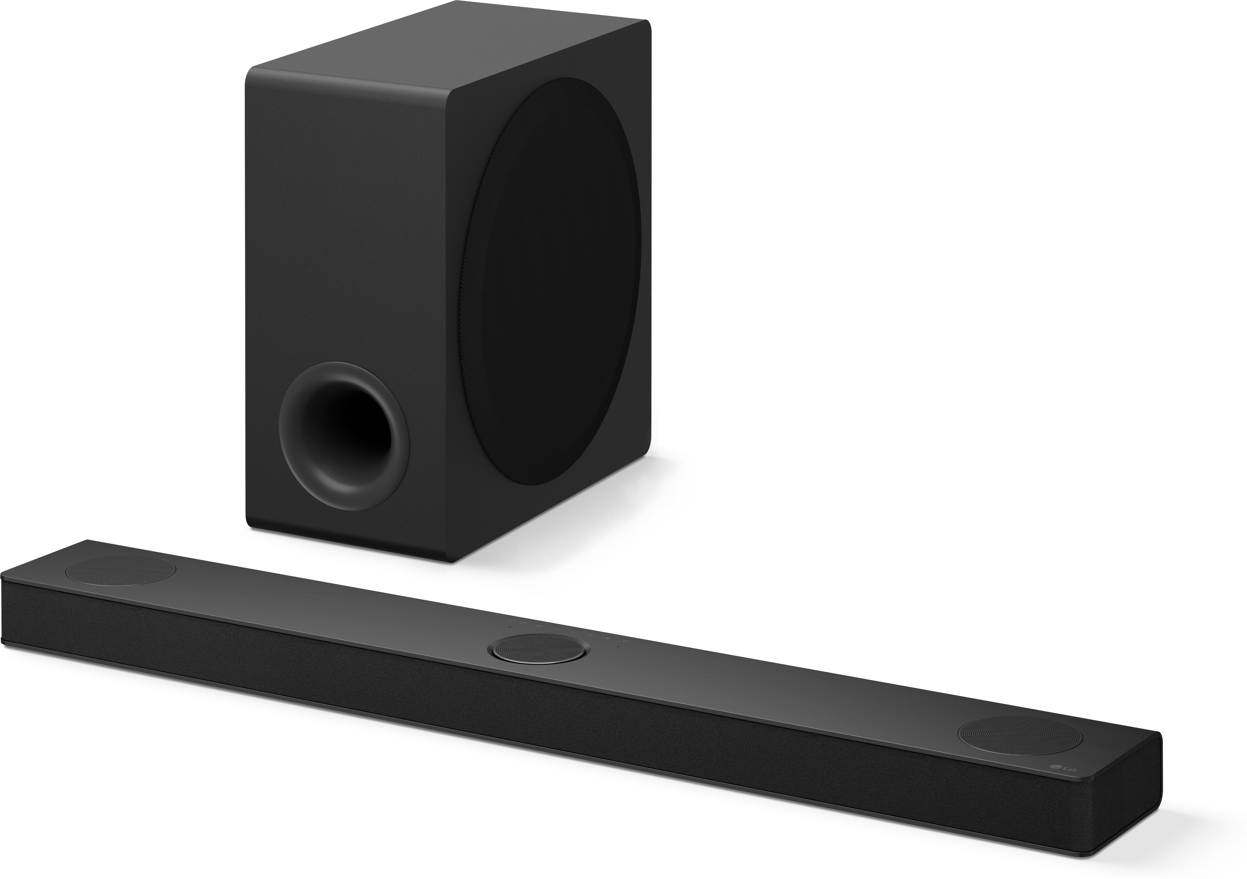 Ein schwarzer Soundbar und Subwoofer auf weißem Hintergrund. Der Soundbar ist rechteckig, der Subwoofer quaderförmig.