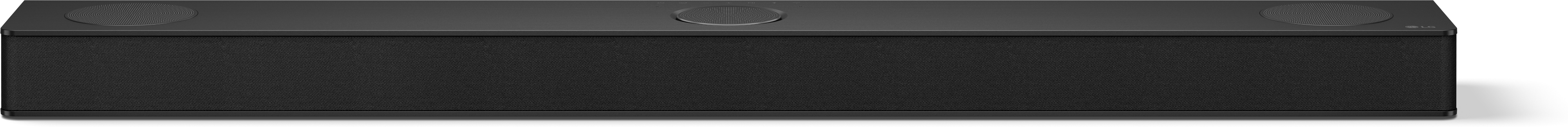 Eine schwarze Soundbar mit drei Lautsprechern. Der mittlere Lautsprecher ist rund, mit kreisförmigen Vertiefungen. Die Seiten sind runde Lautsprecher.