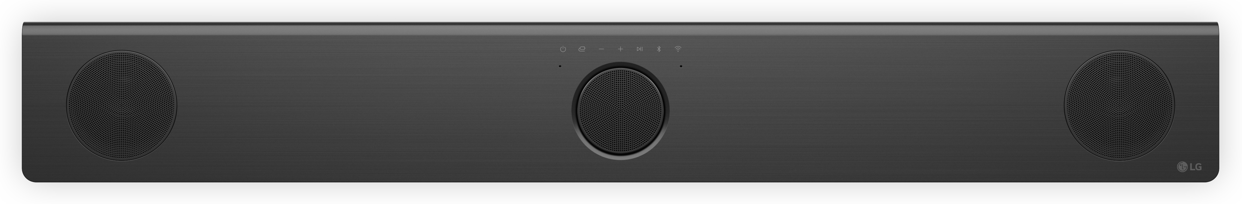 Dunkelgraue Soundbar mit drei kreisförmigen Lautsprechergittern und Steuerungssymbolen. Das LG-Logo befindet sich rechts.