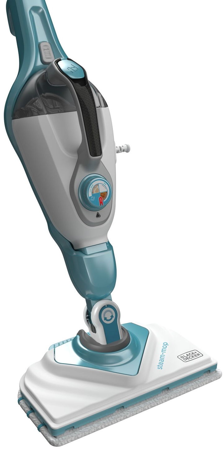 Un mocio a vapore bianco e verde acqua. Ha un quadrante, un manico e una testa di pulizia rettangolare. Il marchio è Black+Decker.
