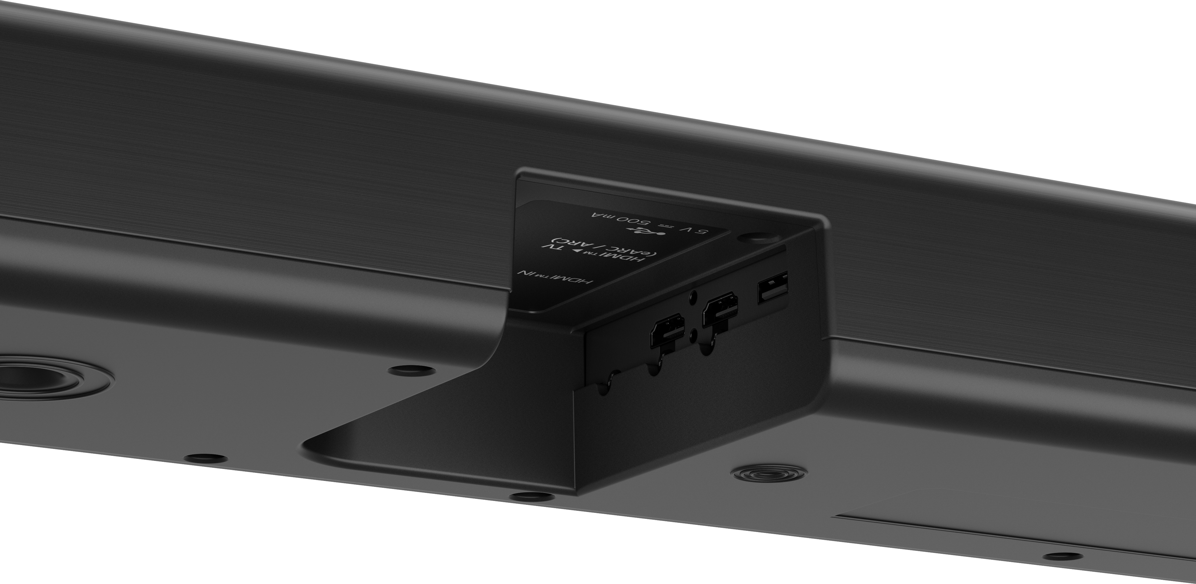 Eine schwarze Soundbar mit Anschlüssen. Die Anschlüsse umfassen HDMI, USB und Stromeingang. Die Soundbar hat eine strukturierte Oberseite.