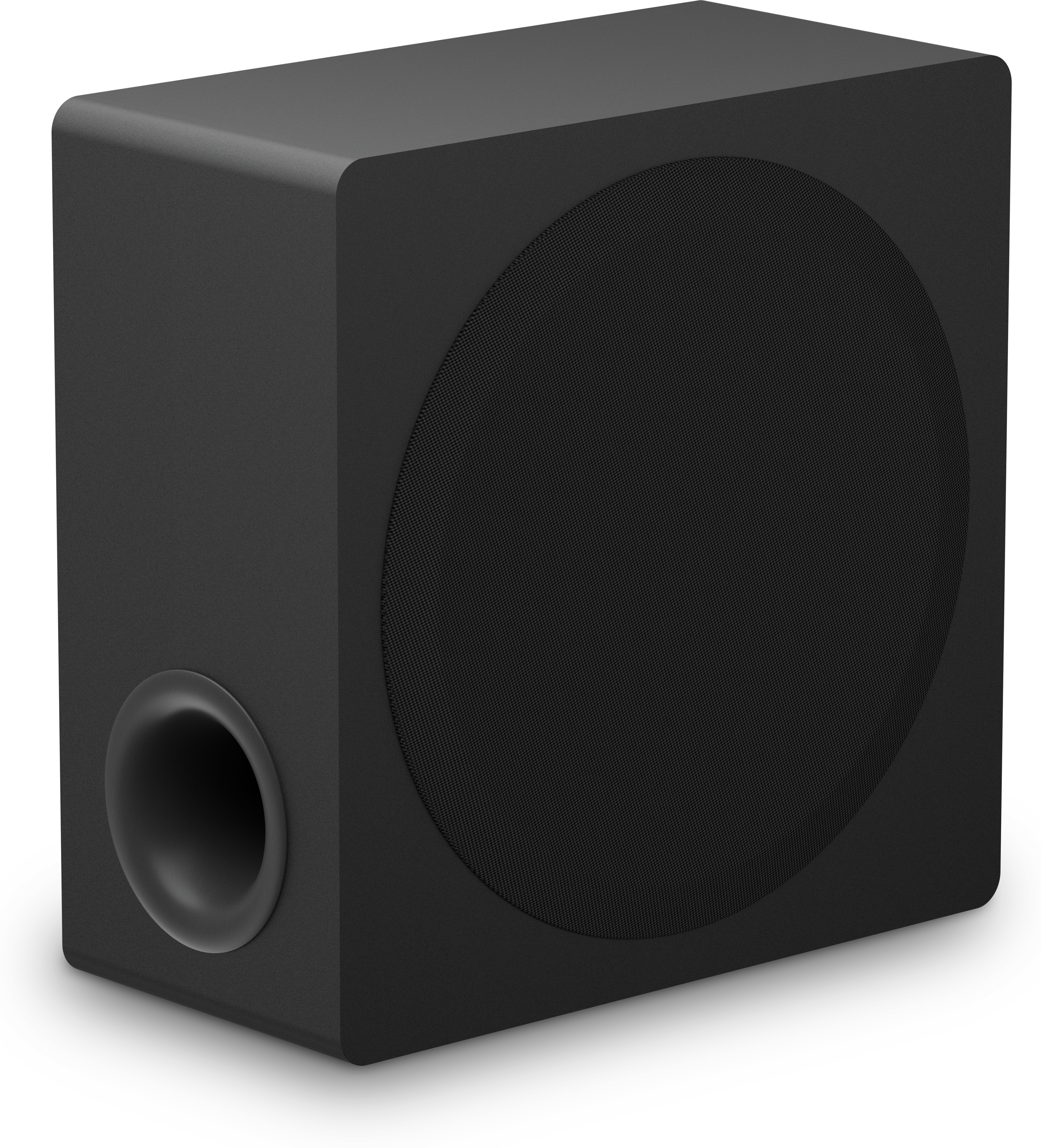Schwarzer Subwoofer auf weißer Oberfläche. Er hat einen runden Lautsprecher und einen Anschluss. Die Ecken sind abgerundet.