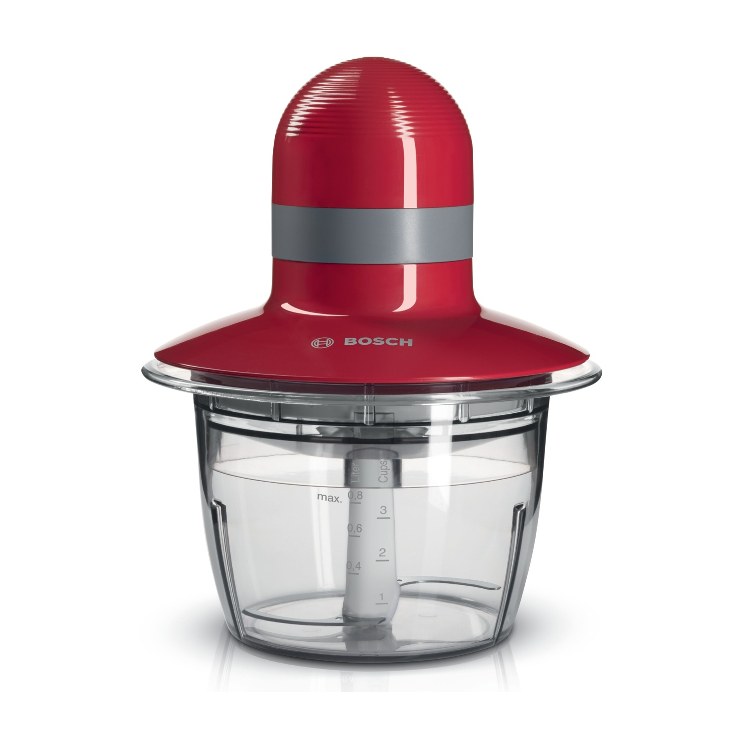 Robot da cucina Bosch rosso e grigio. Ciotola in plastica trasparente con misure. Sfondo bianco.