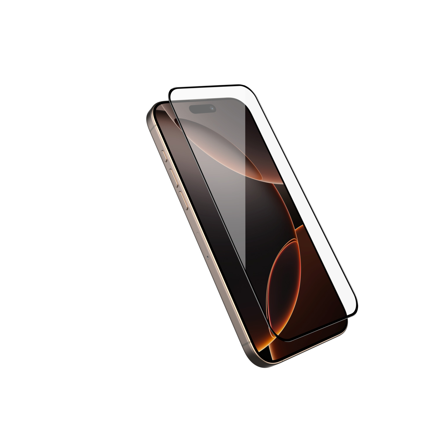 Een gouden smartphone met schermbeschermer staat schuin tegen een witte achtergrond. Het scherm toont een abstract ontwerp.