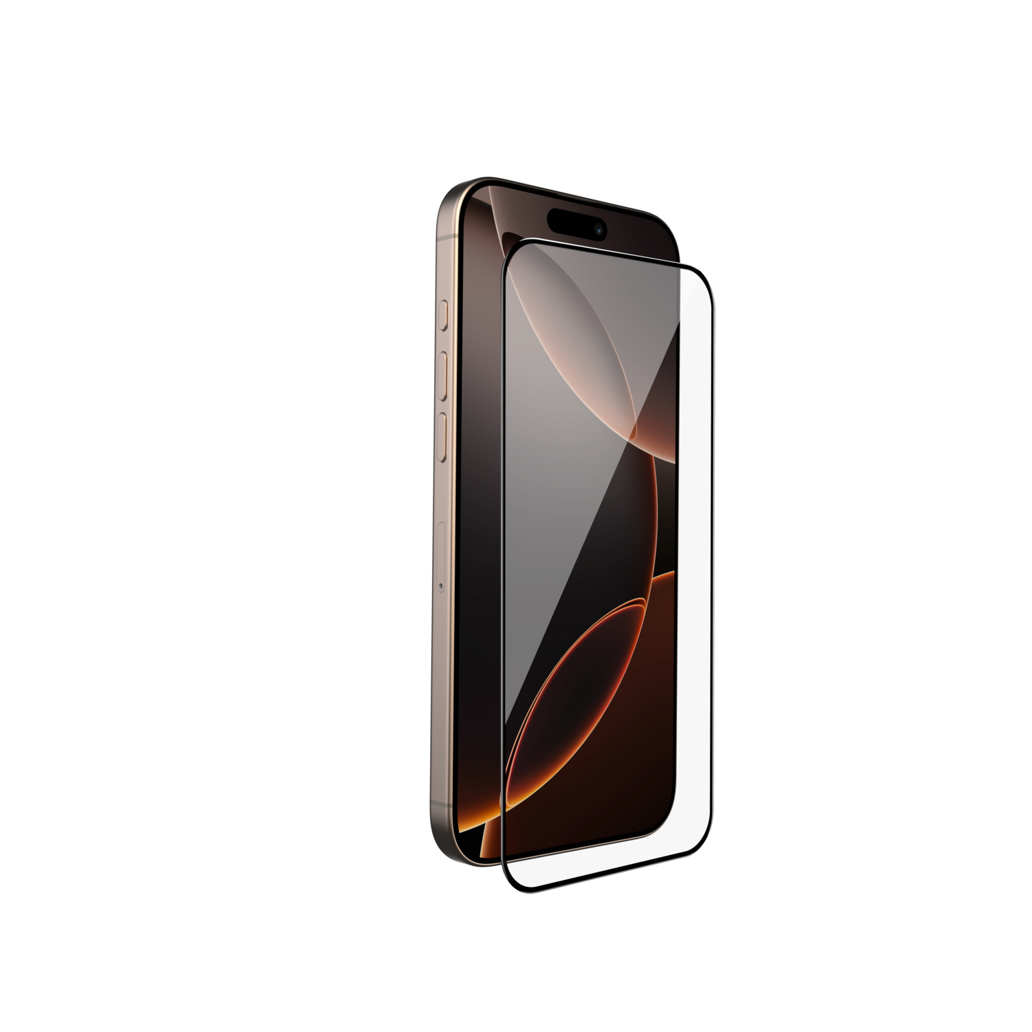 Een smartphone met een schermbeschermer wordt weergegeven tegen een witte achtergrond. De telefoon is goud, de beschermer is helder.