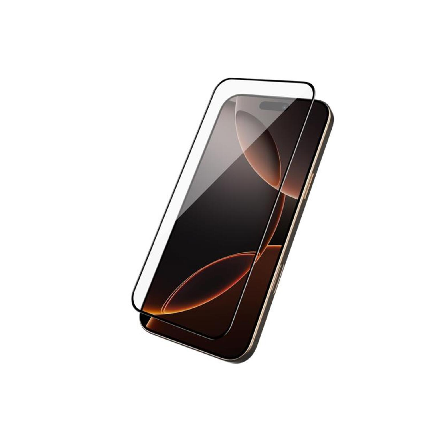Een smartphone met een schermbeschermer. De telefoon heeft een zwart scherm met een oranje verloop. De beschermer is helder en iets verschoven.