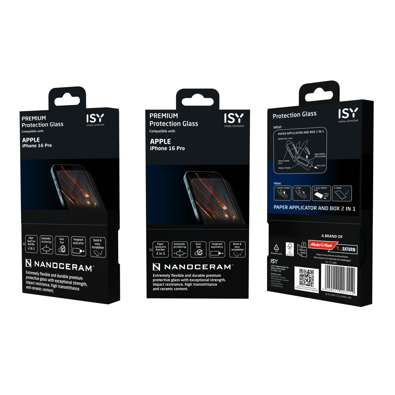 Drie zwarte telefoon screenprotector dozen, met productdetails en diagrammen, gemarkeerd 'ISY' en 'NANOCERAM'.