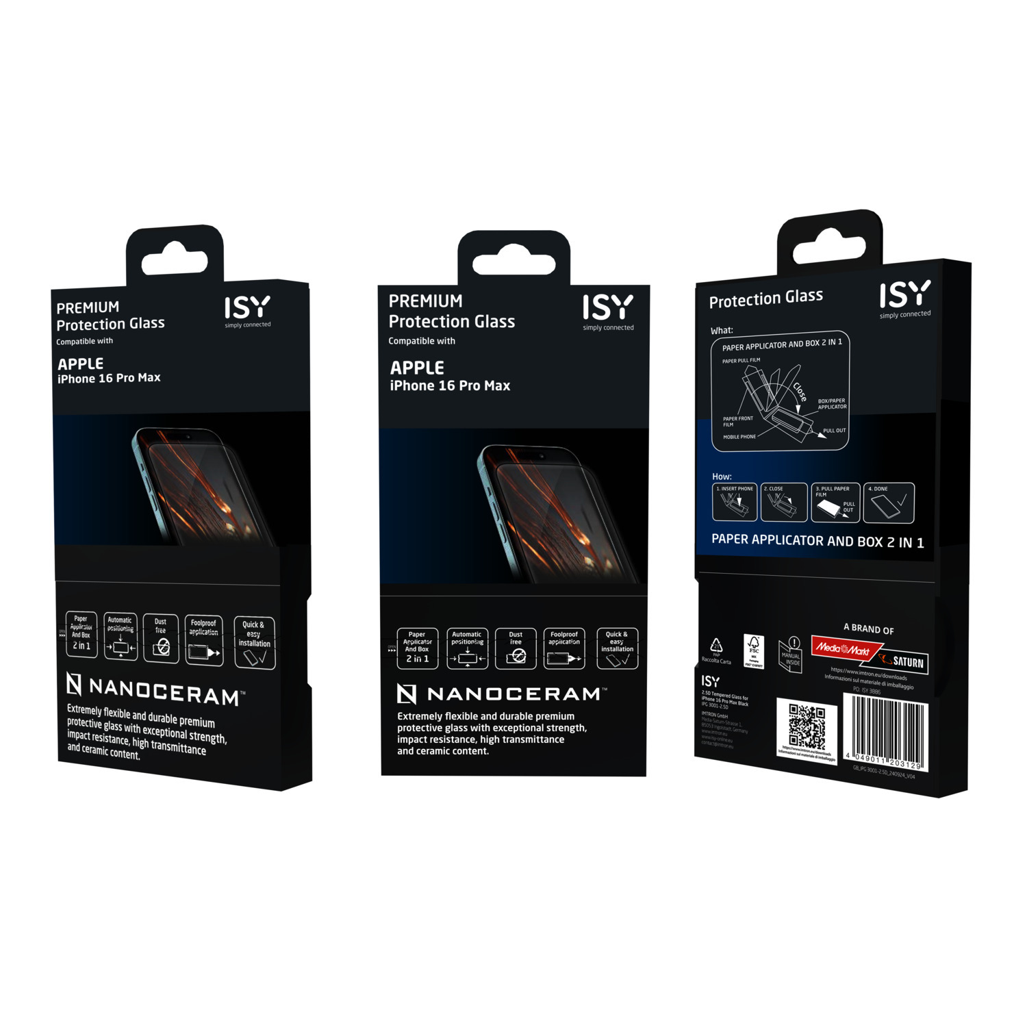 Packaging for iPhone 16 Pro Max screen protector. Features product details, brand logos, and application instructions.