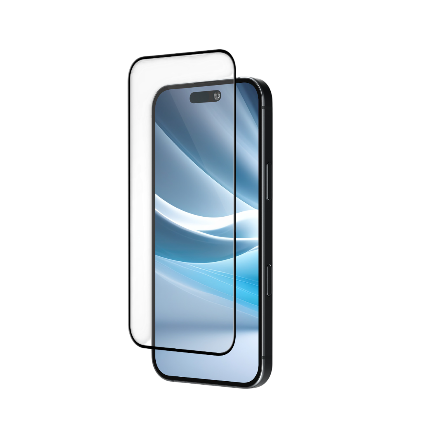 Un smartphone avec un protecteur d'écran. Le téléphone est noir, l'écran affiche des vagues bleues. Le protecteur est transparent et le fond est noir.
