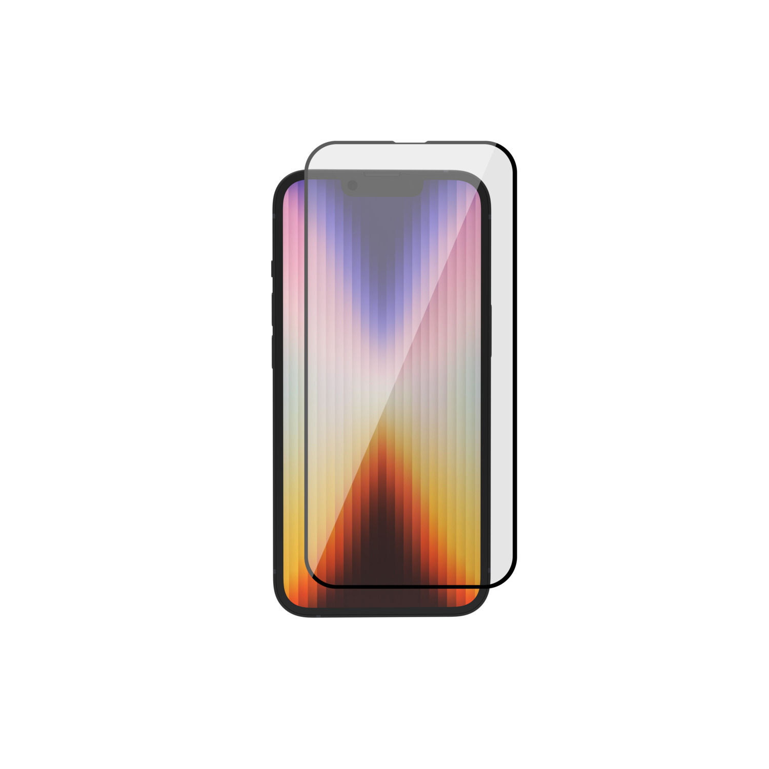 A smartphone with a screen protector is shown against a white background. The phone's screen displays a colorful gradient.