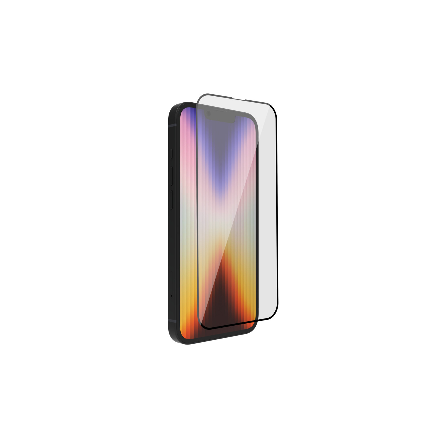 Black iPhone with a screen protector, displaying a colorful background, on a white surface.