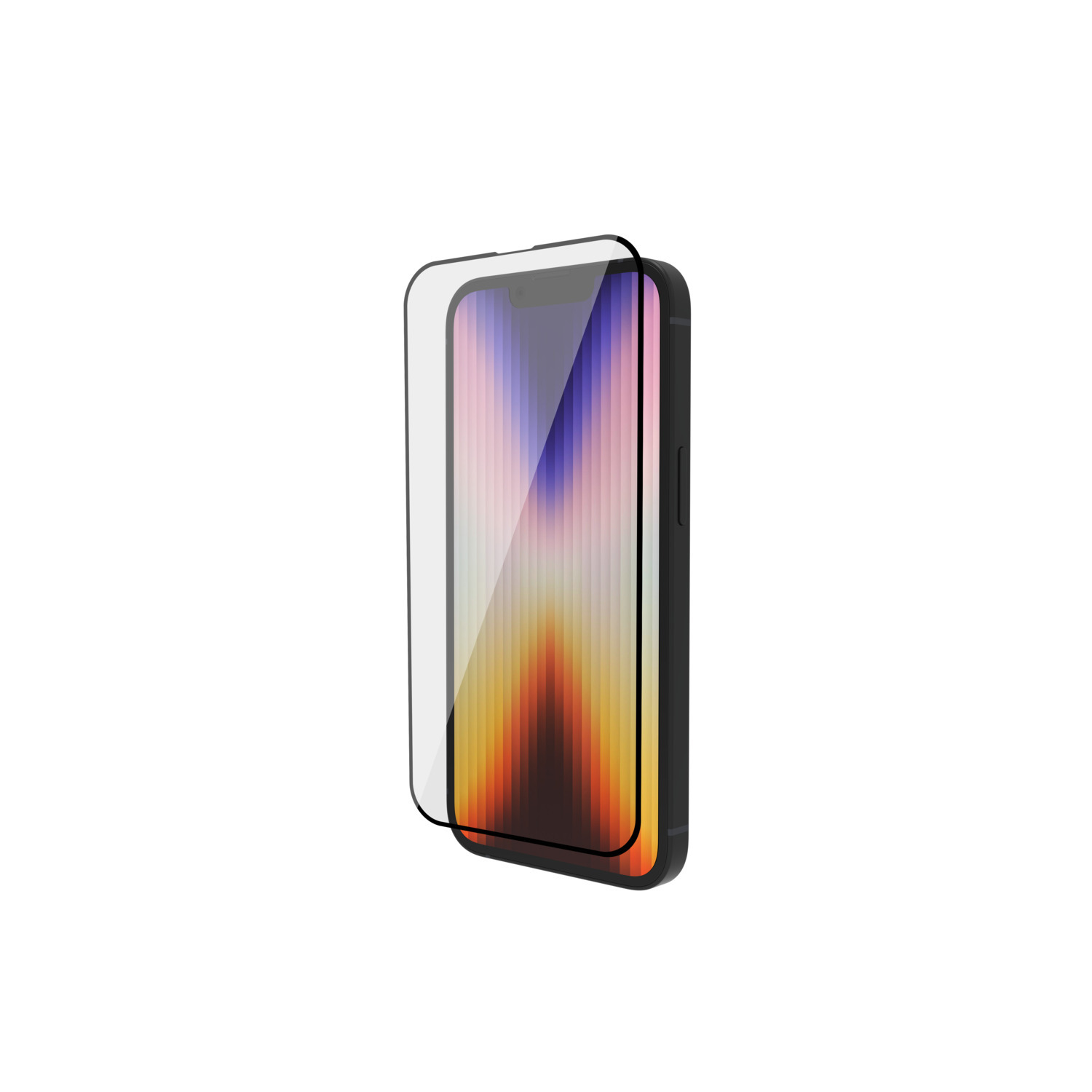 A smartphone with a screen protector applied. The screen displays a colorful abstract image. The phone is black, set against white.