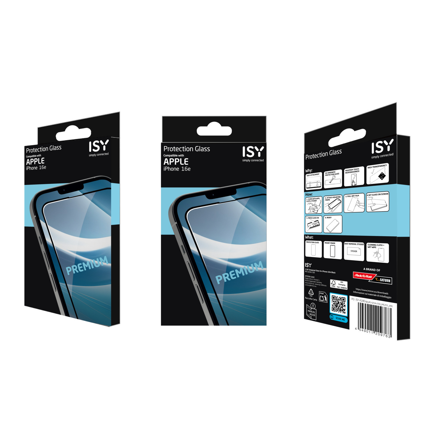 Three phone screen protector boxes are displayed. The boxes are black and blue with text and a phone image.