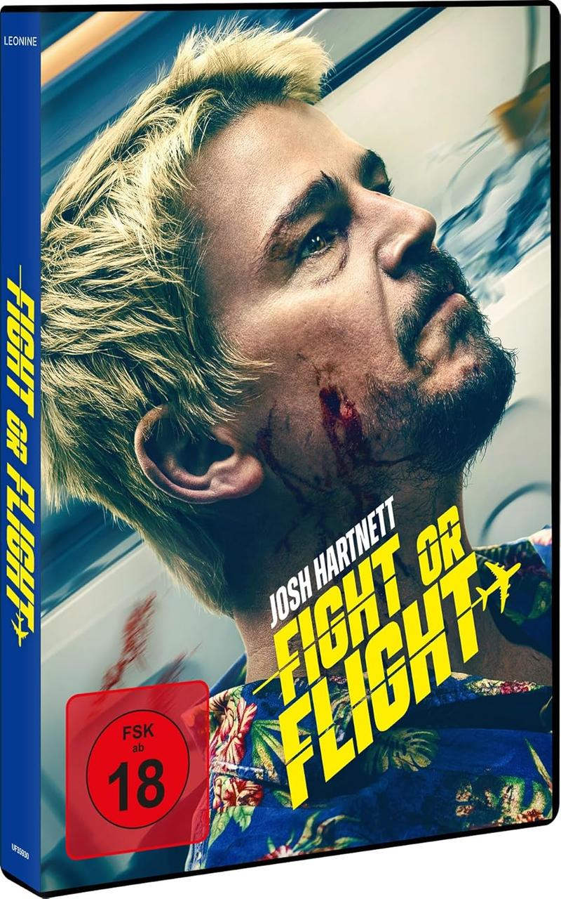 Filmcover: Josh Hartnett in 'Fight or Flight'. Er hat eine Wunde, schaut nach oben. Gelber Titel, blauer Umschlag, rote Bewertung.