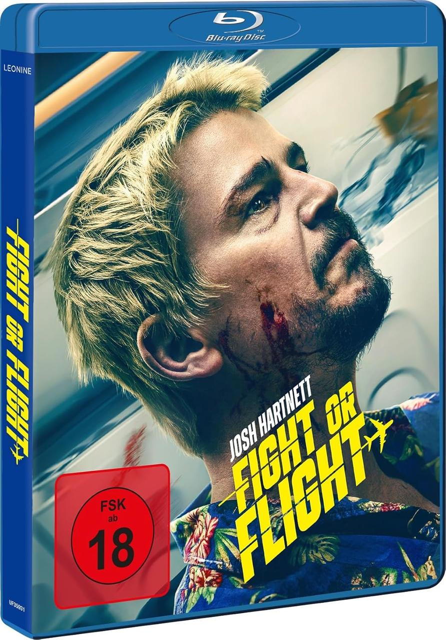 Blu-ray-Disc-Cover von Fight or Flight. Ein Mann mit Blut im Gesicht steht im Mittelpunkt. Der Titel ist in gelben Buchstaben.