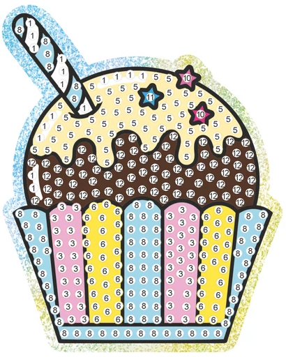 Egy cupcake alakú kifestő, számokkal. A teteje barna és sárga, az alja rózsaszín, kék és sárga.