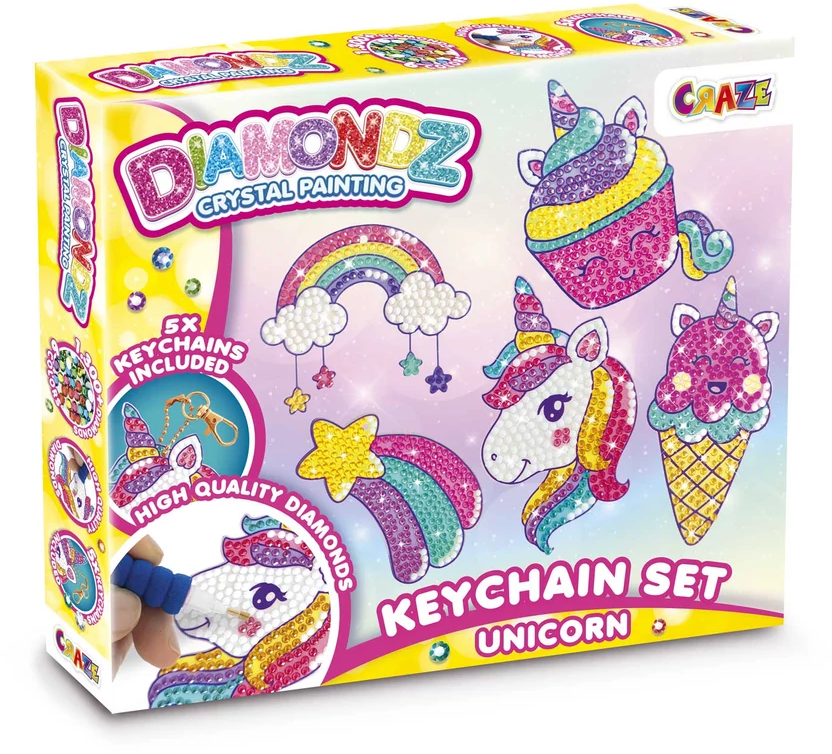 Diamondz kristályfestő kulcstartó készlet doboza. Szivárvány, egyszarvú, cupcake és fagylalt mintákat tartalmaz. A doboz sárga és fehér.