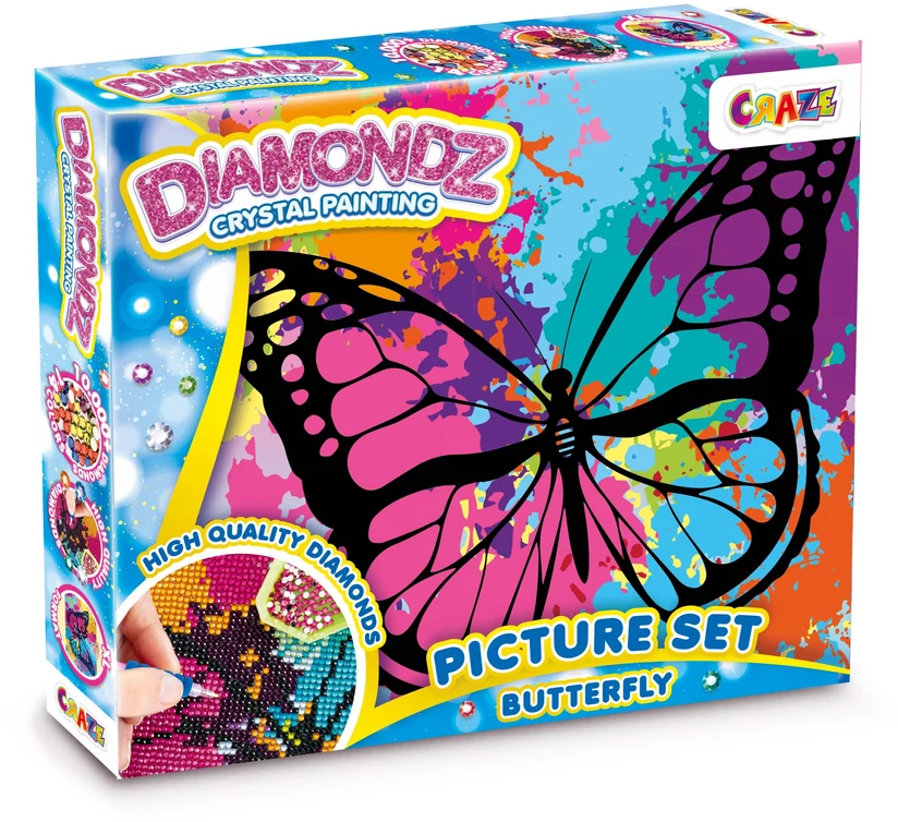 Diamondz kristályfestő készlet. Pillangó dizájnnal. Kiváló minőségű gyémántokat és a Craze márkanevet tartalmazza.