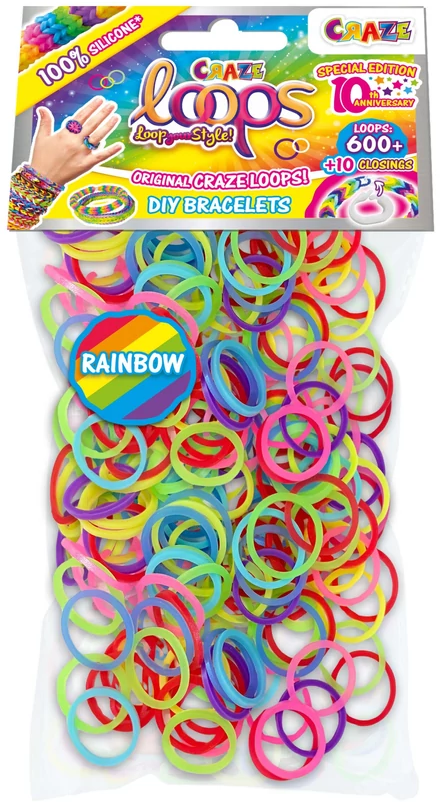 Egy csomag színes gumiszalag, szivárvány logóval. A csomag Craze Loops logóval és barkács karkötőkről szóló szöveggel rendelkezik.