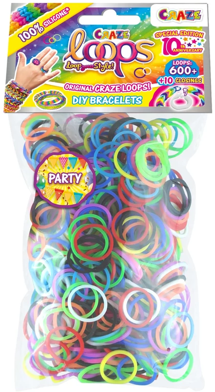 Színes gumiszalagok zacskója karkötők készítéséhez. A csomag karkötőket és gyűrűket mutat a szalagokból. Szöveg: Craze Loops.
