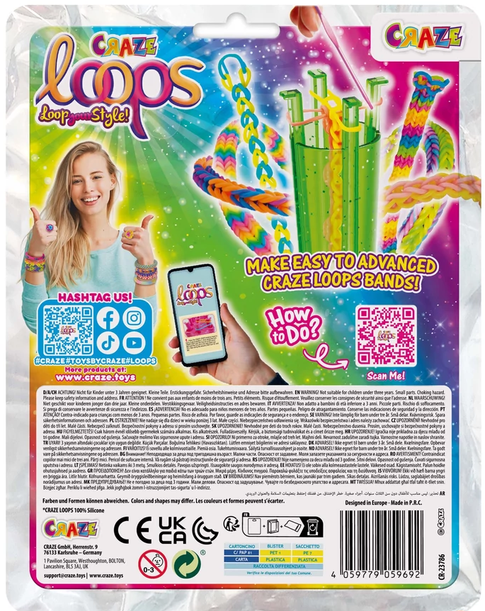 A Craze Loops doboz hátulja. Egy nő karkötőket és gyűrűket mutat. Szöveg: Készíts könnyűtől a haladó Craze Loops szalagokat.