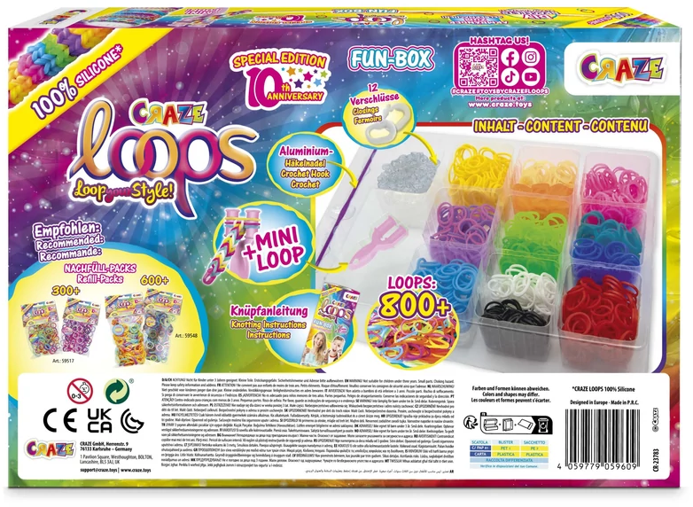 A Craze Loops Fun-Box színes gumiszalagokat és kiegészítőket mutat, beleértve egy horgolótűt és mini hurkot, egy speciális kiadású címkével.