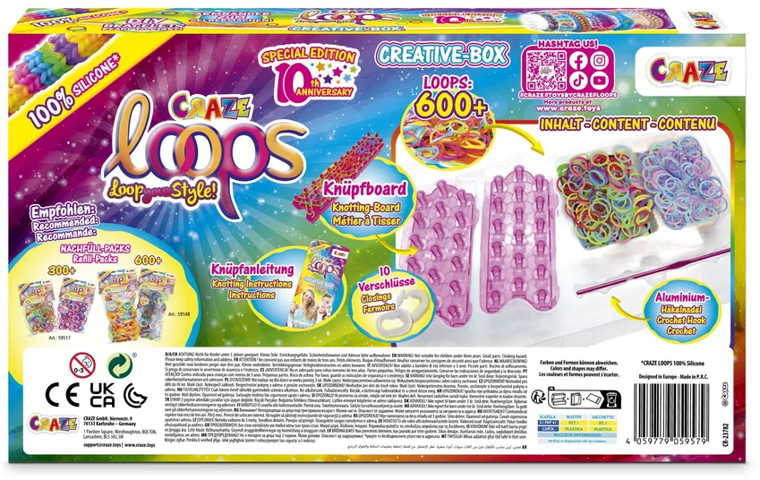 Egy Craze Loops dobozkészlet. Színes gumiszalagokat, kötőtáblákat, horgolótűt és útmutatót tartalmaz. A csomagolás színes.