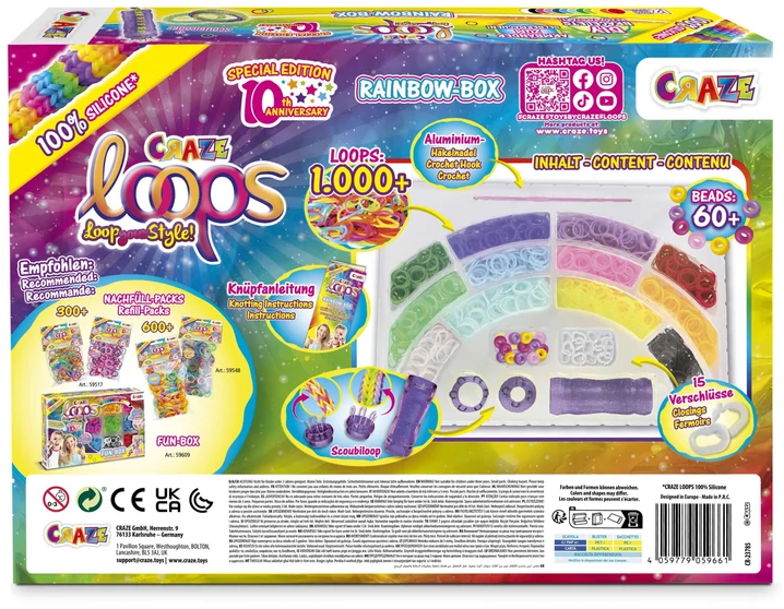 Rainbow-Box. Színes hurokkészlet több mint 1000 hurokkal, gyöngyökkel és kiegészítőkkel. Craze Loops márka, különleges kiadás.