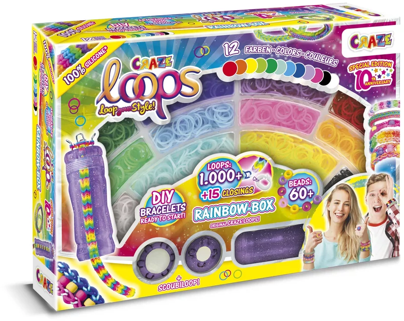 Craze Loops dobozkészlet. Színes gumiszalagokat, gyöngyöket és kiegészítőket tartalmaz. Tartalmaz egy tartályt és képeket karkötőt viselő emberekről.