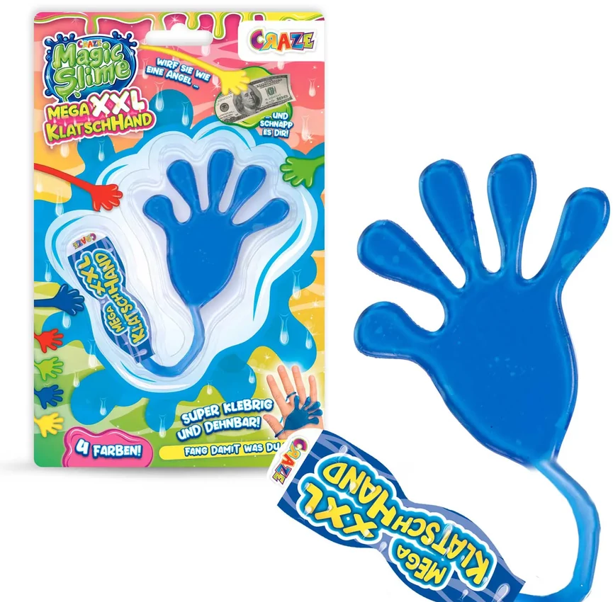 Egy kék kéz alakú játék a 'Magic Slime' termék csomagolásával. A csomagolás egy kék kezet és német nyelvű szöveget mutat.