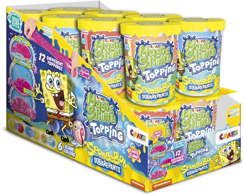 SpongeBob SquarePants Magic Slime Topping bemutató doboza. Több tartályt mutat SpongeBobbal és termékadatokkal.