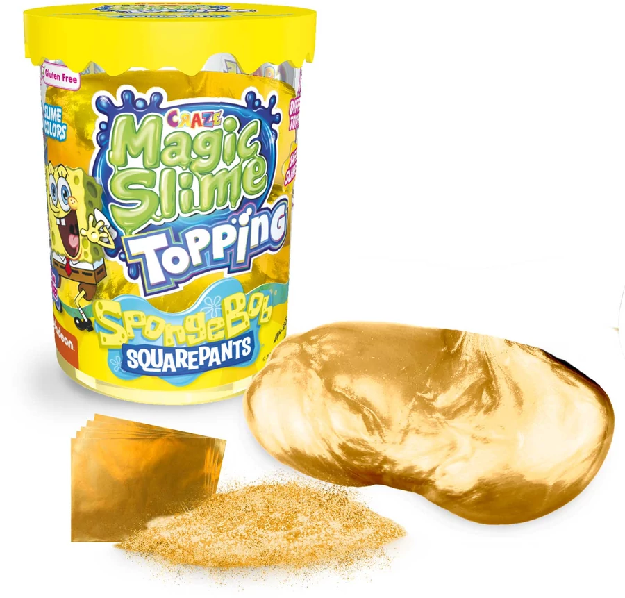 A képen egy 'Magic Slime Topping' készlet látható, SpongeBob SquarePants márkajelzéssel. Tartalmaz slime-ot, aranypelyheket és csillámport. A sárga és arany színek dominálnak.