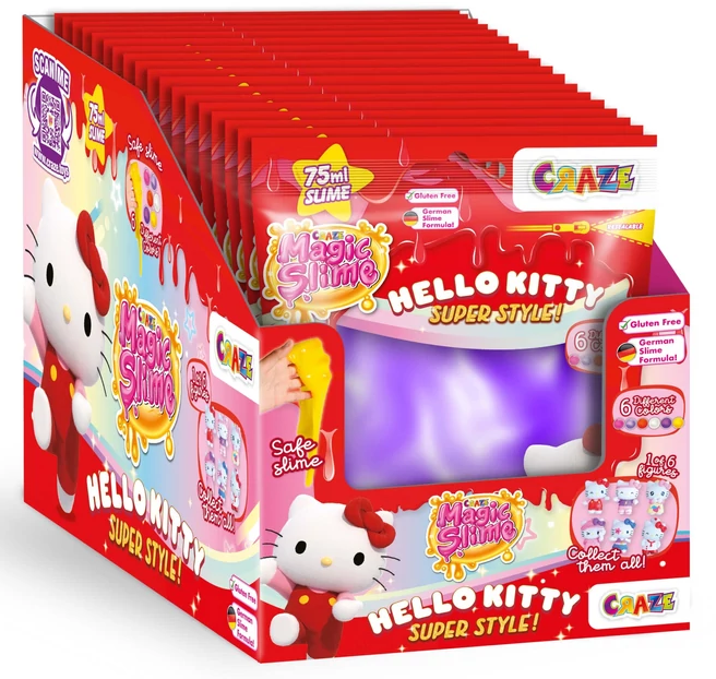 Egy piros bemutató doboz Hello Kitty Magic Slime-mal. Egy Hello Kitty figurát és termék részleteket mutat. Különböző színeket tartalmaz.