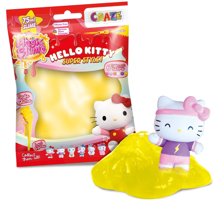 Egy Hello Kitty játékkészlet. Tartalmaz egy zacskó sárga nyálkát, egy Hello Kitty figurát és egy Hello Kitty grafikával ellátott termékcsomagot.