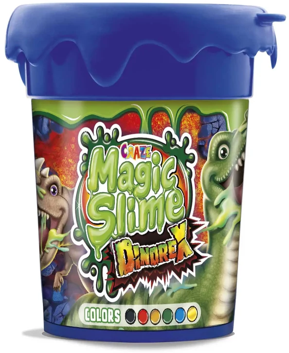 Egy kék tartály, rajta a "Craze Magic Slime Dinorex" felirattal. Dinoszauruszok láthatók. Színek is láthatók.