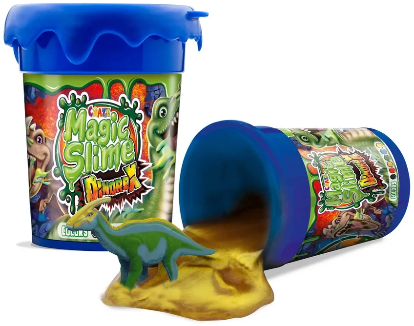 Két kék Magic Slime tartály, egy álló, egy felborult, sárga nyálkával. Egy dinoszaurusz játék ül a nyálkán.