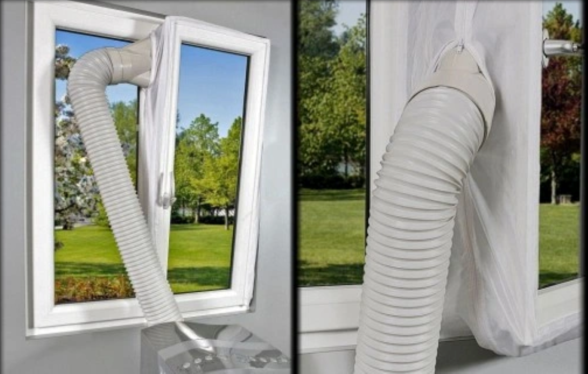 Wąż klimatyzacji wychodzi z otwartego okna. Na zewnątrz widać drzewa i zieloną trawę. Okno jest białe.