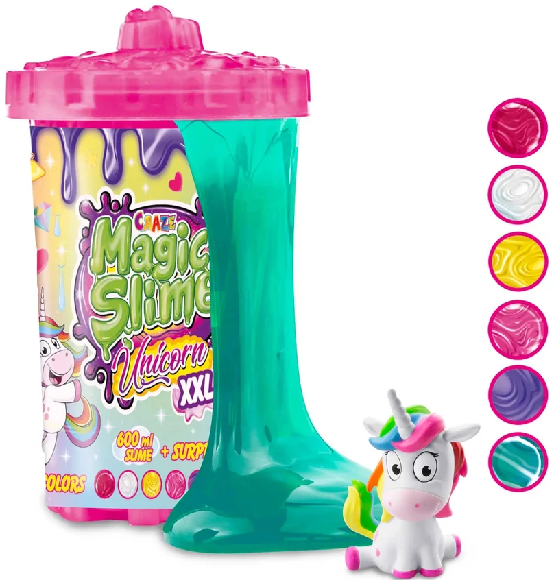 Egy 'Crazy Magic Slime Unicorn XXL' készlet. Tartalmaz egy tartályt nyálkával, egy unikornis figurát és színmintákat.
