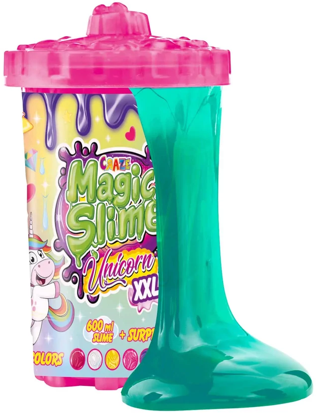 Egy 'Craze Magic Slime Unicorn XXL' tartálya. A nyálka türkizkék és kifolyik. A tartály rózsaszín, és egy unikornis képe van rajta.